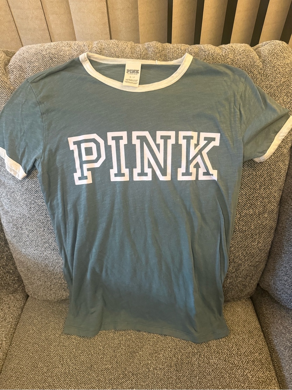 Victoria's Secret PINK Sage Green and White Ringer Tee